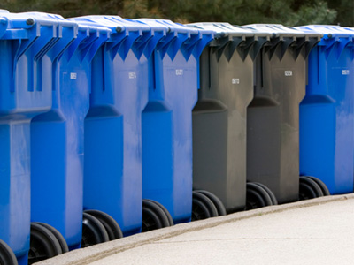 Photo of residential trash bins.